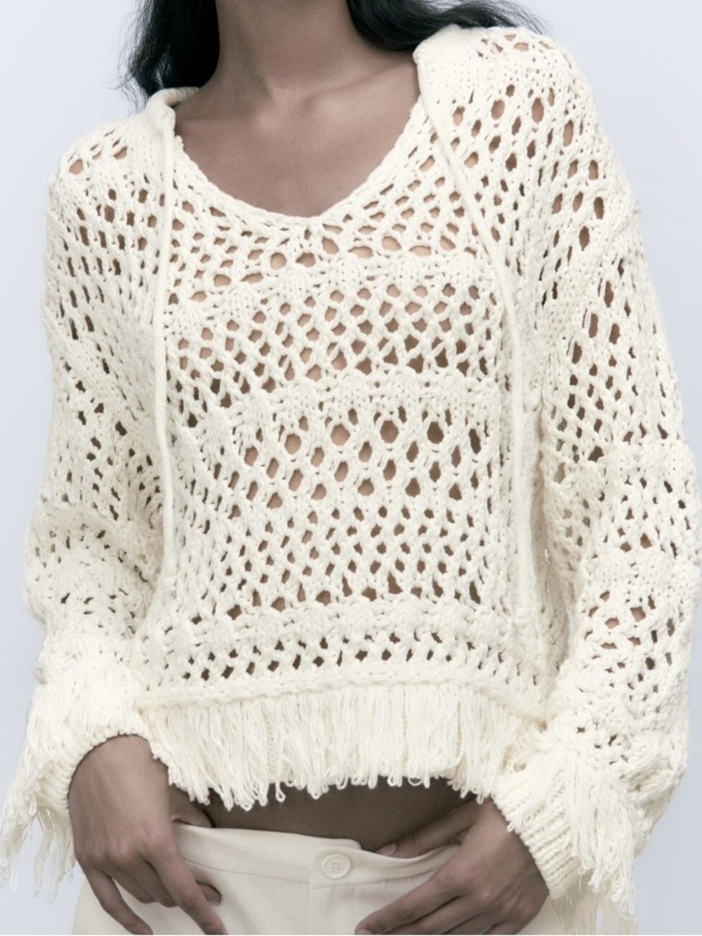 ZARA Cream Crochet Open Knit Fringe Hoodie Sweater Granola Gritty Boho Medium
